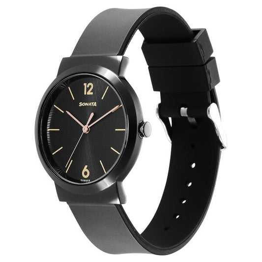 Sonata 87044NP01 women’s black dial watch front