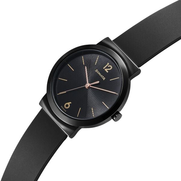 Sonata 87044NP01 Women Quartz Black Dial Polyurethane Strap Analog Watch