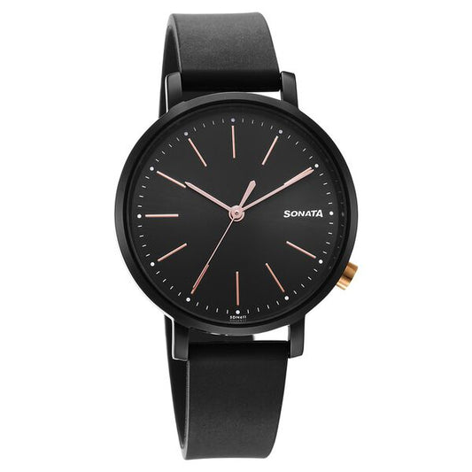 Sonata 87045KP01 Quartz Analog Black Dial Women’s Watch with Black Polyurethane Strap