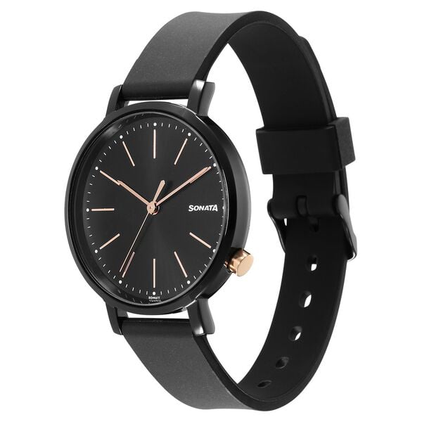 Sonata 87045KP01 Quartz Analog Black Dial Women’s Watch with Black Polyurethane Strap