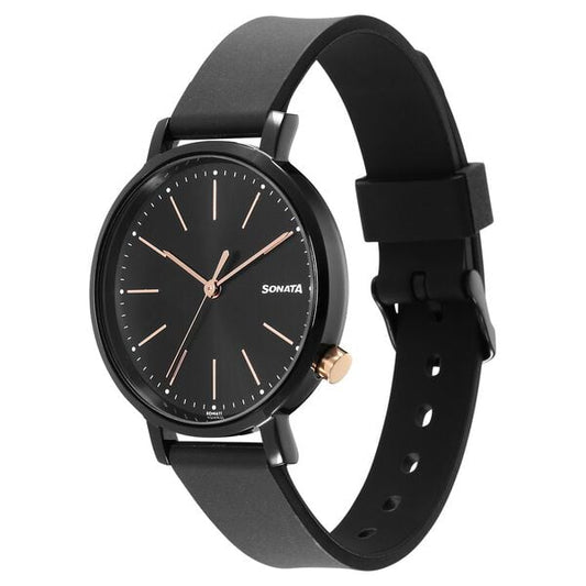 Sonata 87045KP01 Quartz Analog Black Dial Women’s Watch with Black Polyurethane Strap