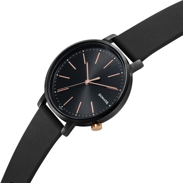 Sonata 87045KP01 Quartz Analog Black Dial Women’s Watch with Black Polyurethane Strap