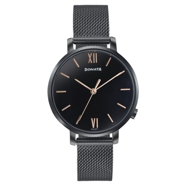 Sonata 87045NM01W Elegant Essentials Quartz Analog Black Dial Stainless Steel Strap Watch for Women