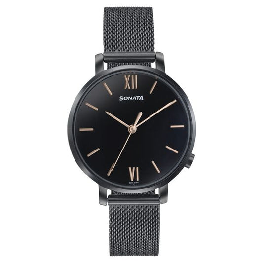 Sonata 87045NM01W Elegant Essentials Quartz Analog Black Dial Stainless Steel Strap Watch for Women