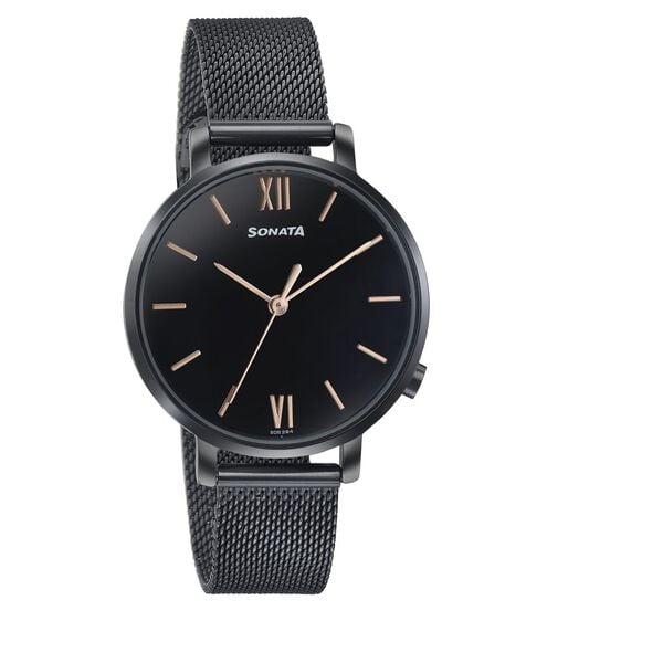 Sonata 87045NM01W Elegant Essentials Quartz Analog Black Dial Stainless Steel Strap Watch for Women
