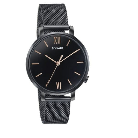 Sonata 87045NM01W Elegant Essentials Quartz Analog Black Dial Stainless Steel Strap Watch for Women