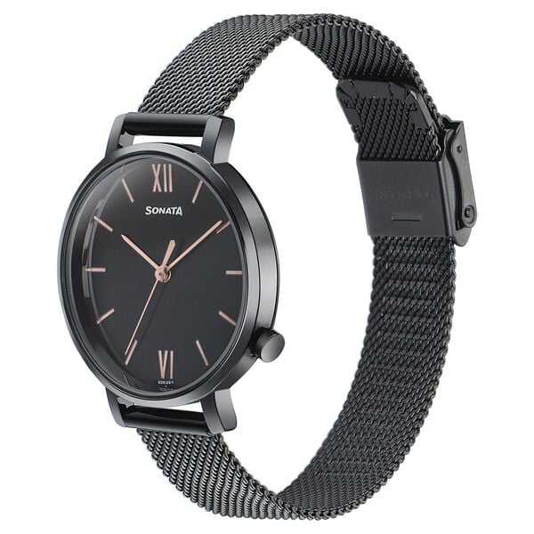 Sonata 87045NM01W Elegant Essentials Quartz Analog Black Dial Stainless Steel Strap Watch for Women
