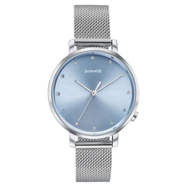 Sonata 87045SM01W Elegant Essentials Women’s Quartz Analog Blue Dial Stainless Steel Watch
