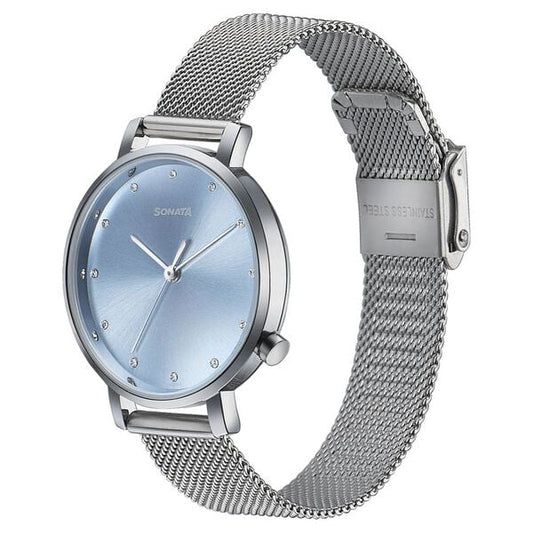 Sonata 87045SM01W Elegant Essentials Women’s Quartz Analog Blue Dial Stainless Steel Watch