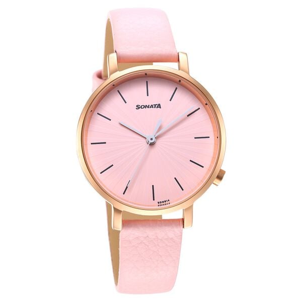 Sonata 87045WL01 Quartz Analog Pink Dial Women’s Watch with Pink Leather Strap