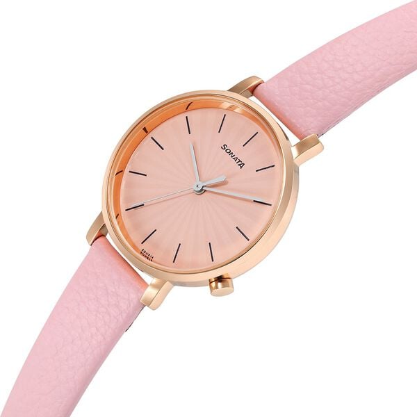 Sonata 87045WL01 Quartz Analog Pink Dial Women’s Watch with Pink Leather Strap