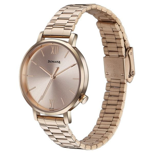 Sonata 87045WM01W Elegant Essentials Quartz Analog Women Watch with Rose Gold Dial and Rose Gold Stainless Steel Strap