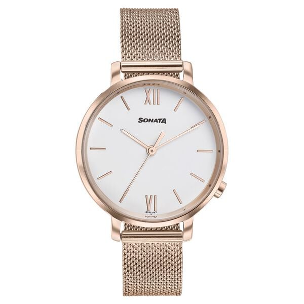 Sonata 87045WM02W Elegant Essentials Quartz Analog Women Watch with White Dial and Rose Gold Stainless Steel Strap