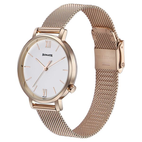 Sonata 87045WM02W Elegant Essentials Quartz Analog Women Watch with White Dial and Rose Gold Stainless Steel Strap
