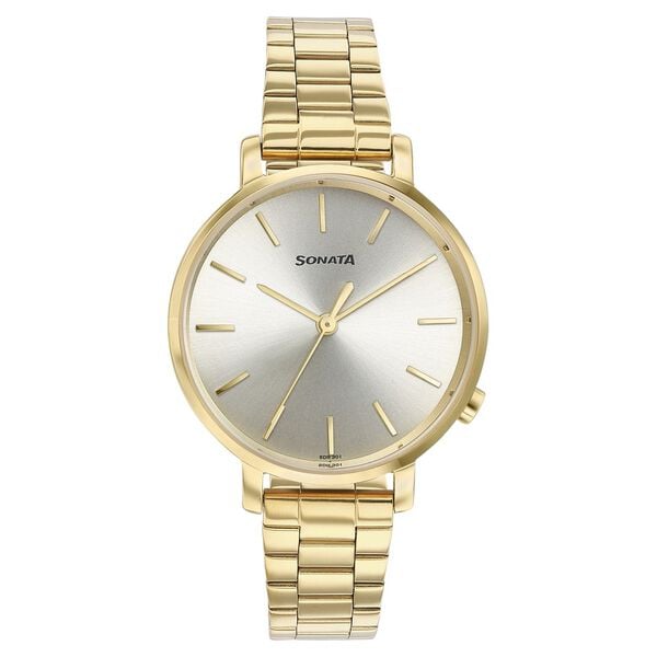 Sonata 87045YM01W Elegant Essentials Quartz Analog Champagne Dial Stainless Steel Strap Watch for Women