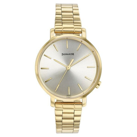 Sonata 87045YM01W Elegant Essentials Quartz Analog Champagne Dial Stainless Steel Strap Watch for Women