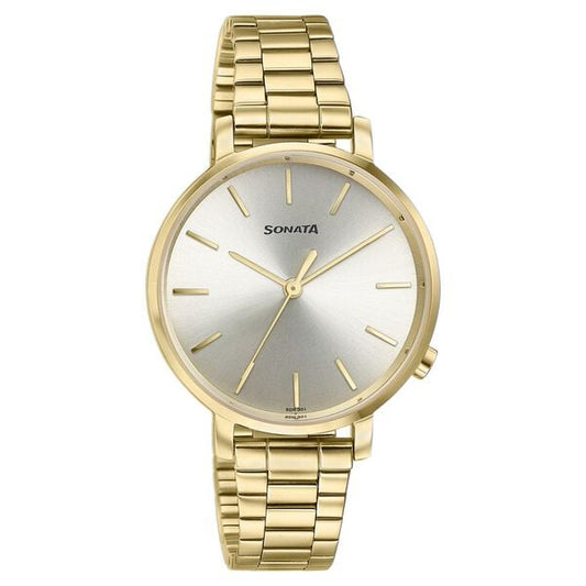Sonata 87045YM01W Elegant Essentials Quartz Analog Champagne Dial Stainless Steel Strap Watch for Women