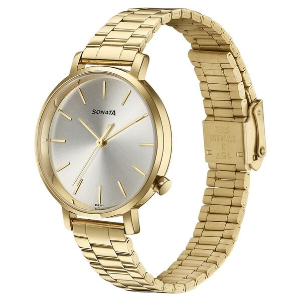 Sonata 87045YM01W Elegant Essentials Quartz Analog Champagne Dial Stainless Steel Strap Watch for Women