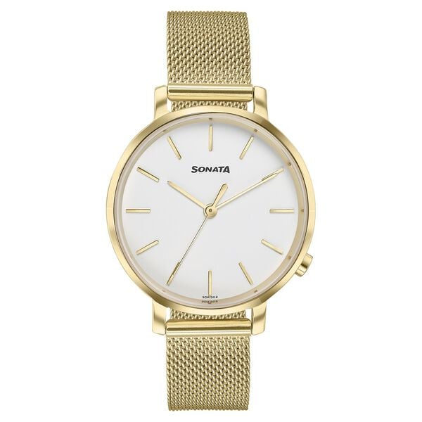 Sonata 87045YM02W Elegant Essentials Quartz Analog White Dial Stainless Steel Strap Watch for Women