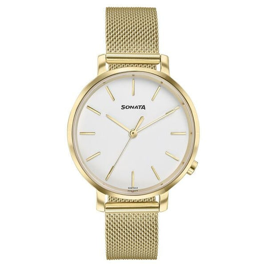 Sonata 87045YM02W Elegant Essentials Quartz Analog White Dial Stainless Steel Strap Watch for Women