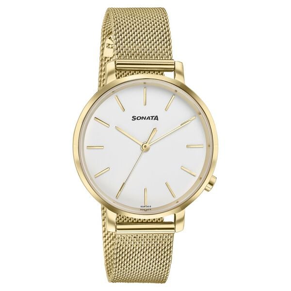 Sonata 87045YM02W Elegant Essentials Quartz Analog White Dial Stainless Steel Strap Watch for Women