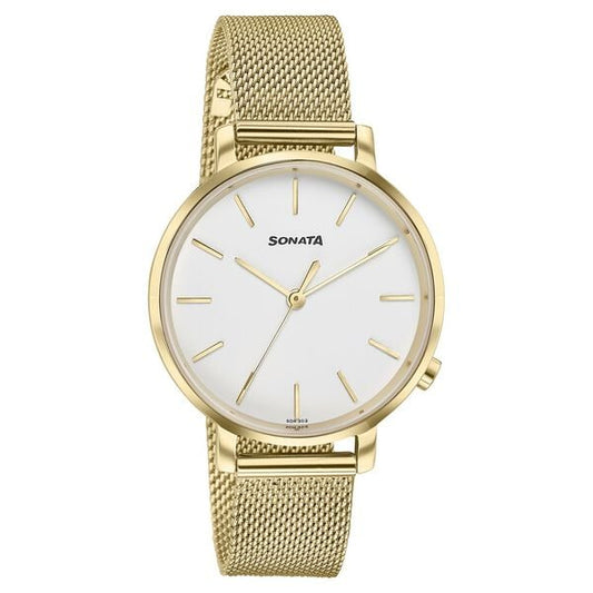 Sonata 87045YM02W Elegant Essentials Quartz Analog White Dial Stainless Steel Strap Watch for Women