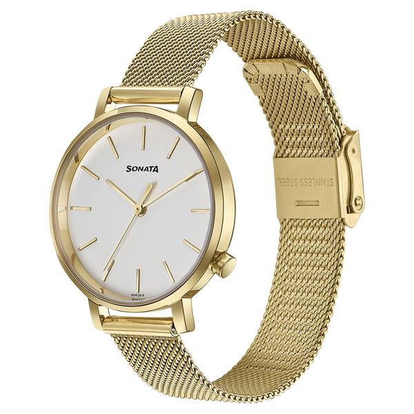Sonata 87045YM02W Elegant Essentials Quartz Analog White Dial Stainless Steel Strap Watch for Women