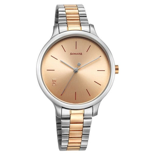 Sonata 87050KM01 Play Quartz Analog Rose Gold Dial Two-Toned Stainless Steel Strap Watch for Women