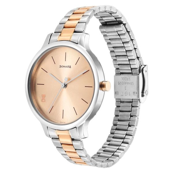 Sonata 87050KM01 Play Quartz Analog Rose Gold Dial Two-Toned Stainless Steel Strap Watch for Women