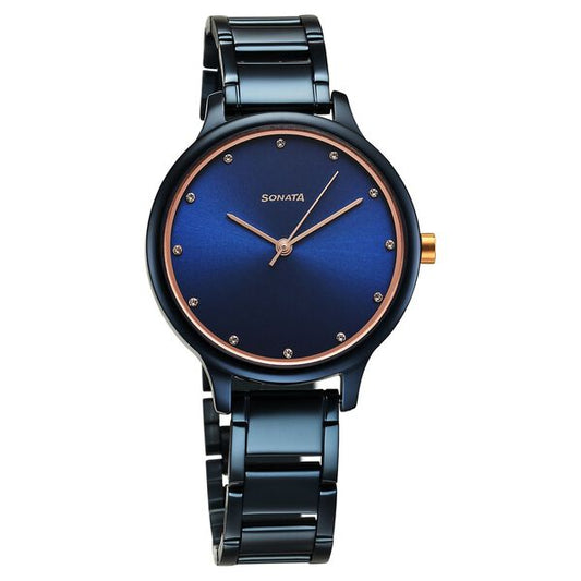 Sonata 87050KM04 Women Blush Quartz Blue Dial Stainless Steel Watch