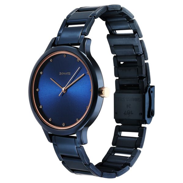 Sonata 87050KM04 Women Blush Quartz Blue Dial Stainless Steel Watch