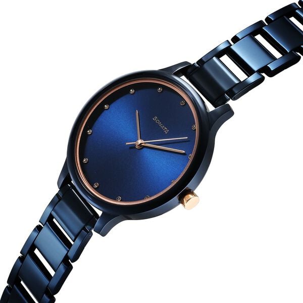 Sonata 87050KM04 Women Blush Quartz Blue Dial Stainless Steel Watch