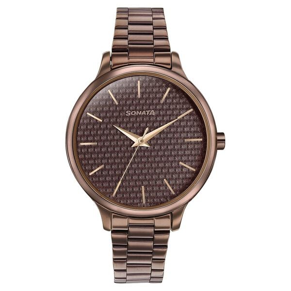 Sonata 87050QM02 Wedding Bling Quartz Analog Brown Dial Brown Stainless Steel Strap Watch for Women