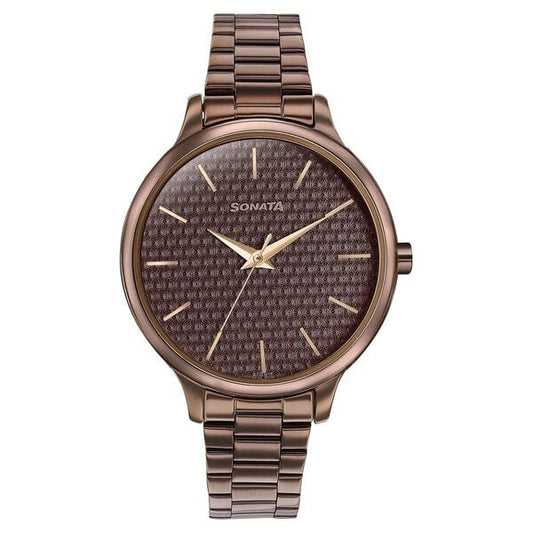 Sonata 87050QM02 Wedding Bling Quartz Analog Brown Dial Brown Stainless Steel Strap Watch for Women