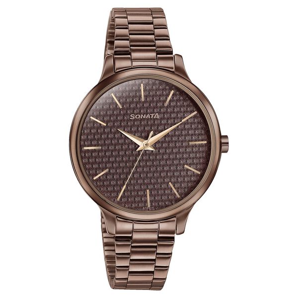 Sonata 87050QM02 Wedding Bling Quartz Analog Brown Dial Brown Stainless Steel Strap Watch for Women