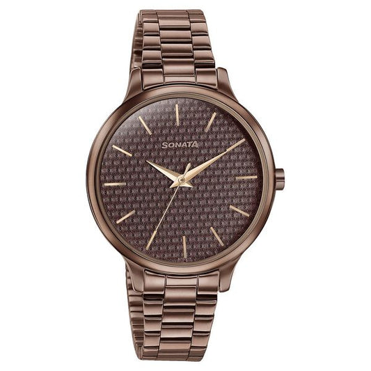 Sonata 87050QM02 Wedding Bling Quartz Analog Brown Dial Brown Stainless Steel Strap Watch for Women