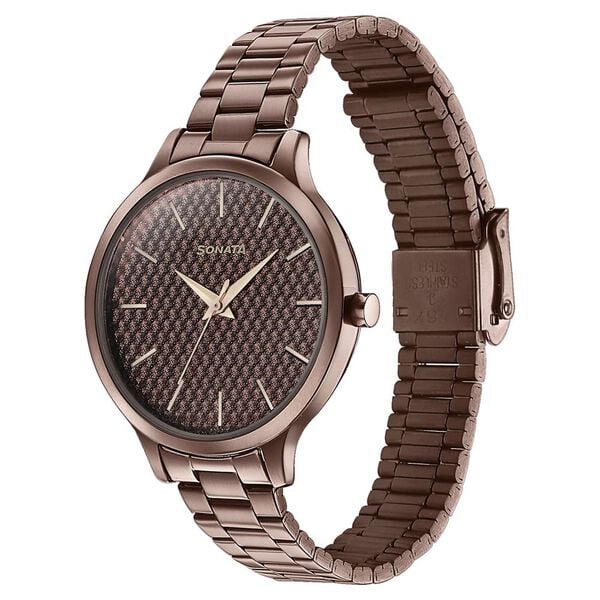 Sonata 87050QM02 Wedding Bling Quartz Analog Brown Dial Brown Stainless Steel Strap Watch for Women