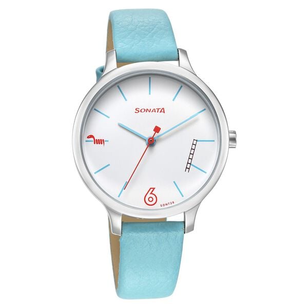Sonata 87050SL01 Quartz Analog White Dial Women’s Watch with Blue Leather Strap