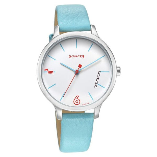 Sonata 87050SL01 Quartz Analog White Dial Women’s Watch with Blue Leather Strap