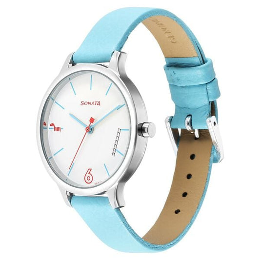 Sonata 87050SL01 Quartz Analog White Dial Women’s Watch with Blue Leather Strap