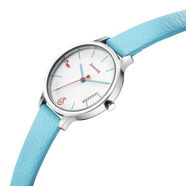 Sonata 87050SL01 Quartz Analog White Dial Women’s Watch with Blue Leather Strap
