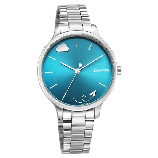 Sonata 87050SM02 Quartz Analog Blue Dial Women’s Watch with Silver Stainless Steel Strap