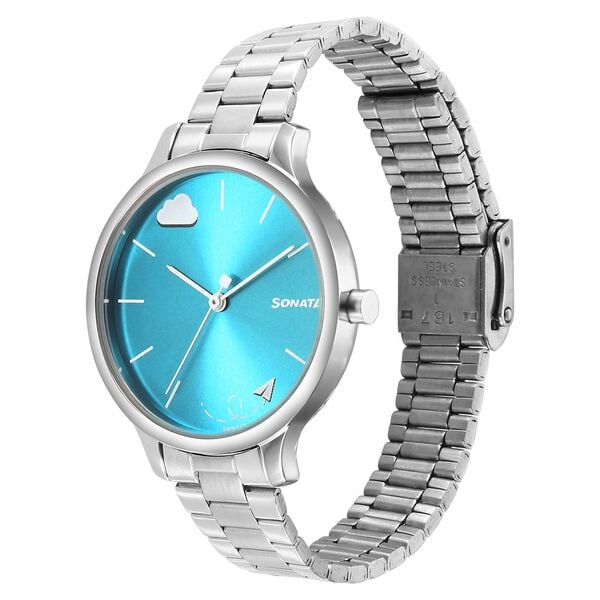 Sonata 87050SM02 Quartz Analog Blue Dial Women’s Watch with Silver Stainless Steel Strap