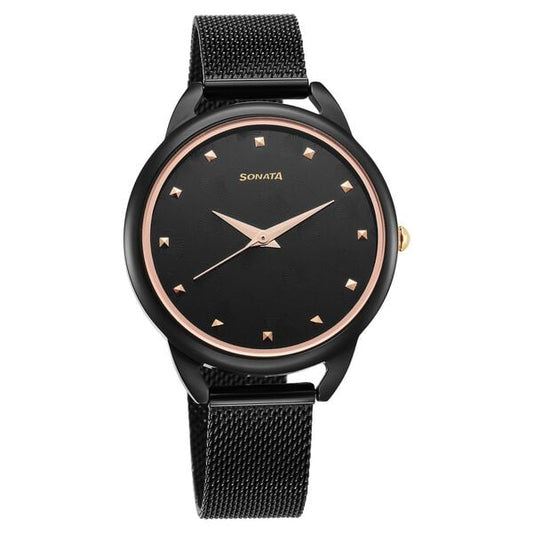 Sonata 87051KM01 Quartz Analog Black Dial Stainless Steel Strap Watch for Women