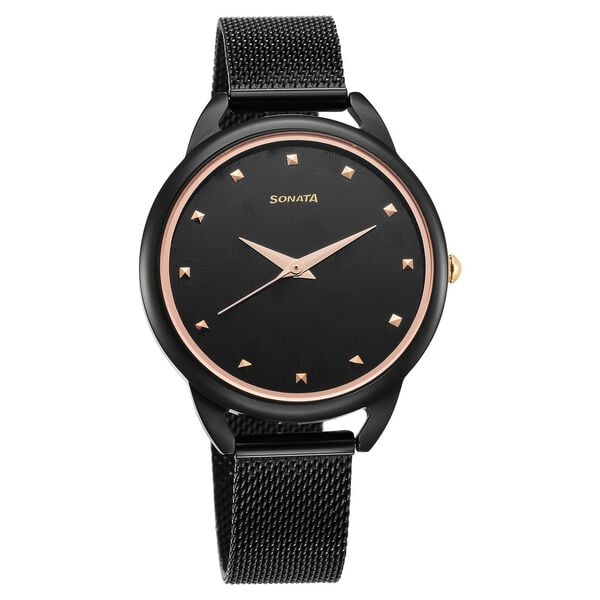 Sonata 87051KM01 Wedding Quartz Analog Black Dial Stainless Steel Strap Watch for Women