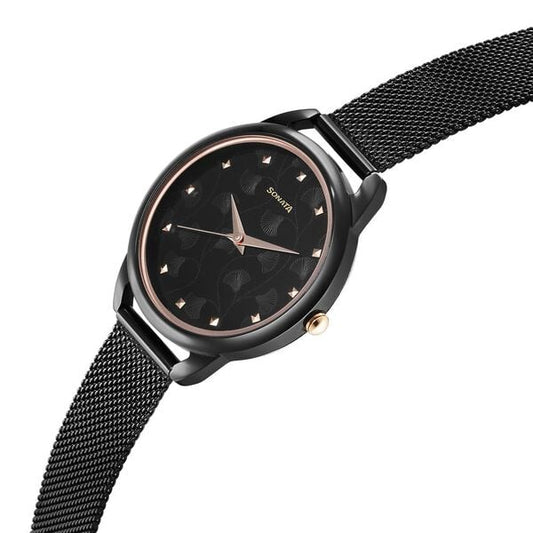 Sonata 87051KM01 Quartz Analog Black Dial Stainless Steel Strap Watch for Women