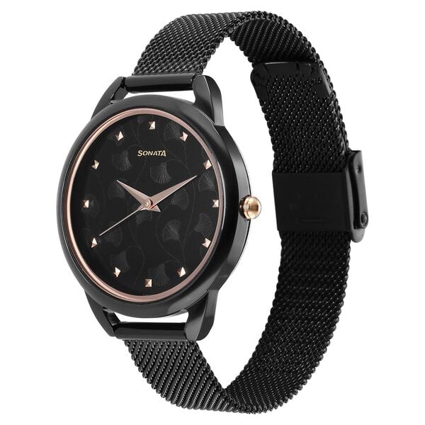 Sonata 87051KM01 Quartz Analog Black Dial Stainless Steel Strap Watch for Women