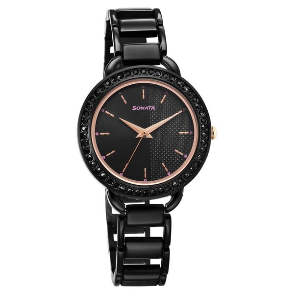 Sonata 87052KM01 Women Wedding Quartz Black Dial Black Metal Strap Watch