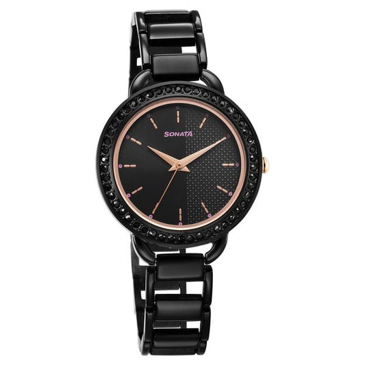Sonata 87052KM01 Women Wedding Quartz Black Dial Black Metal Strap Watch