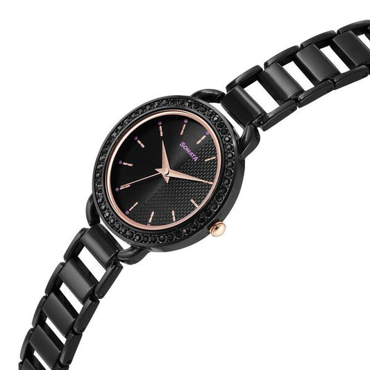 Sonata 87052KM01 Women Wedding Quartz Black Dial Black Metal Strap Watch